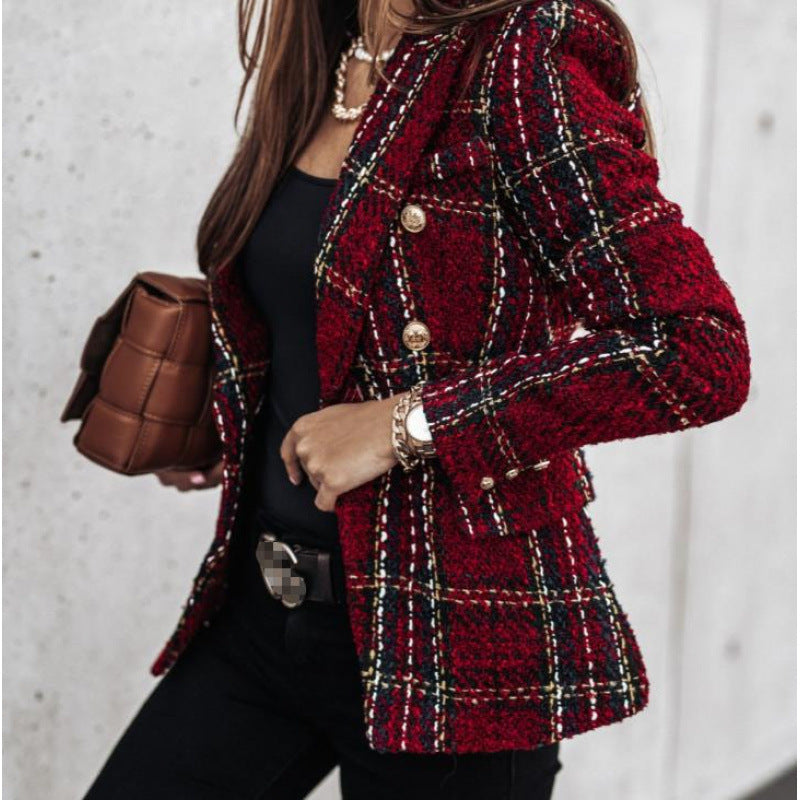 Ladies Tweed Blazer in Glencheck with double row button placket Fashion Glam
