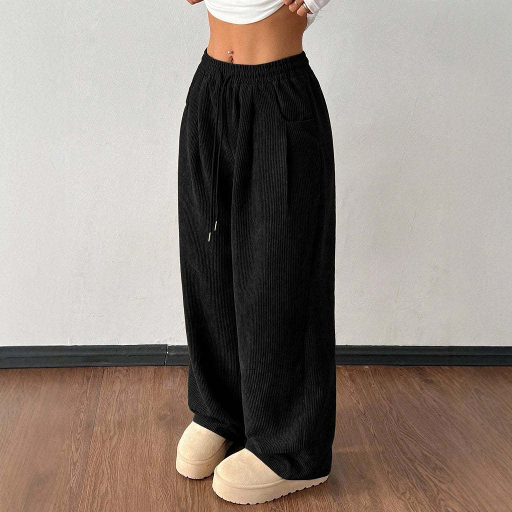 Ladies cord pants with wide leg, elastic waistband and drawstring Fashion Glam