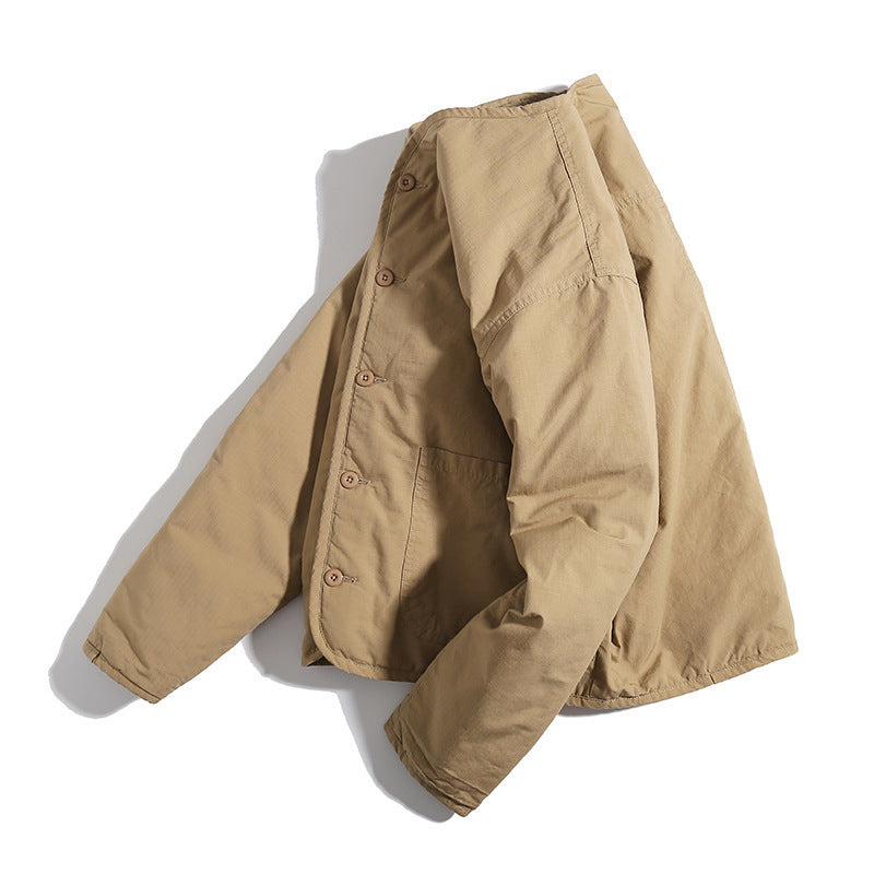 Unisex Lightly Quilted Round Neck Transitional Jacket with Button Placket and Patch Pockets Fashion Glam