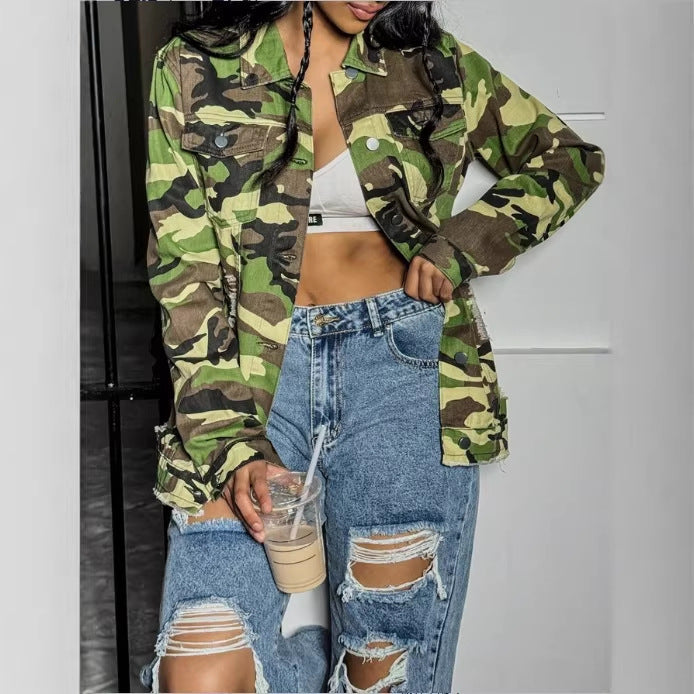 Women's Camouflage-Utility-Jacket in Oversized-Fieldstyle with Flap Pockets Fashion Glam