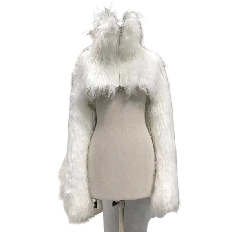 Women's Short Long-fiber Faux Fur Bolero with Extra Long Sleeves and High Standing Collar Fashion Glam