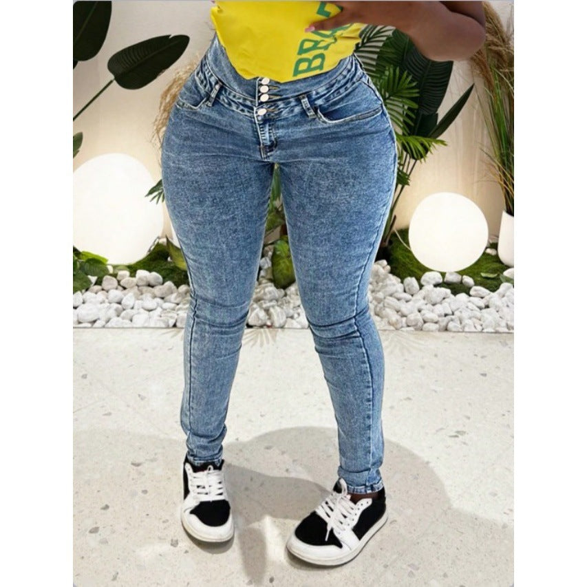 Ladies High-Waisted Sculpting Skinny Jeans with Waist-Shaping Overlap Band and Push-Up Effect Fashion Glam