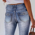 Women's High-Waisted Flared Denim Pants with Front Decorative Stitching and Shaping Waistband Fashion Glam