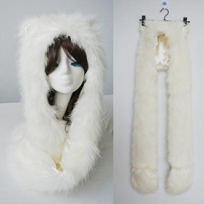 Ladies hooded stole made of luxurious faux fur with long scarf tails and pompom ends Fashion Glam