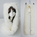 Ladies hooded stole made of luxurious faux fur with long scarf tails and pompom ends Fashion Glam