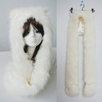 Ladies hooded stole made of luxurious faux fur with long scarf tails and pompom ends Fashion Glam