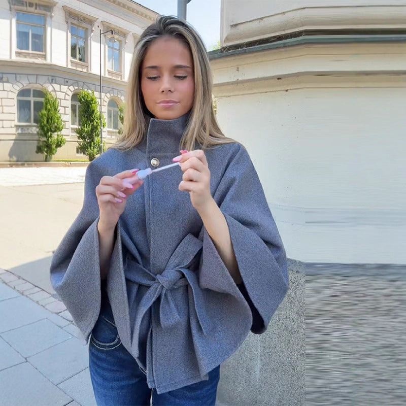 Women's short cape made of wool blend with asymmetric stand-up collar and waist tie belt Fashion Glam
