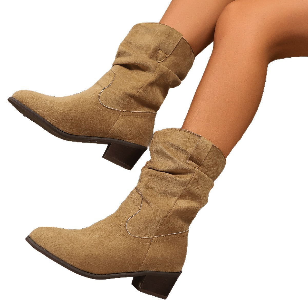 Ladies Velvet Leather Slouch Cowboy Boots with Low Block Heel Fashion Glam