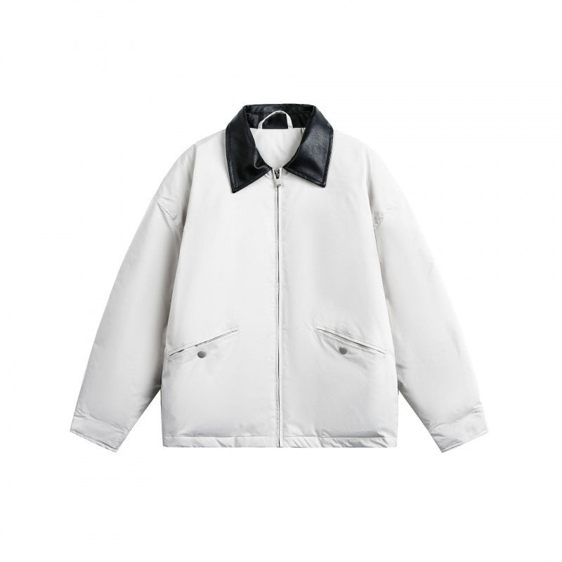 Unisex Boxy transitional jacket with contrasting faux leather collar and concealed zipper Fashion Glam