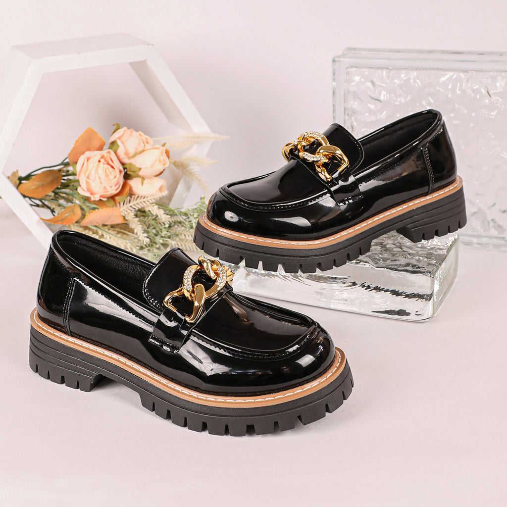 Women's Shiny Slip-On Loafers with Chunky Profile Sole and Decorative Chain Fashion Glam