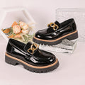 Women's Shiny Slip-On Loafers with Chunky Profile Sole and Decorative Chain Fashion Glam