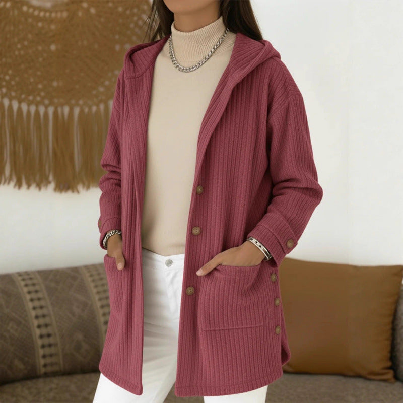 Women's Long Hooded Knitted Cardigan with Ribbed Texture, Button Placket and Side Pockets Fashion Glam