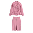 Women's short jacket with belted waist, asymmetrical lapel, and peplum hem Fashion Glam