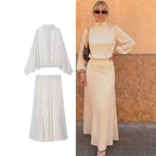 Women's Two-Piece Set made of lightweight chiffon with wide midi skirt and balloon sleeve blouse with bow collar Fashion Glam