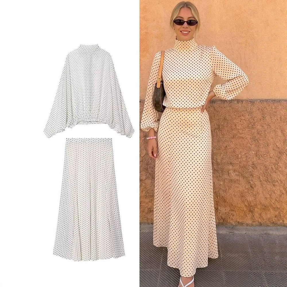 Women's Two-Piece Set made of lightweight chiffon with wide midi skirt and balloon sleeve blouse with bow collar Fashion Glam