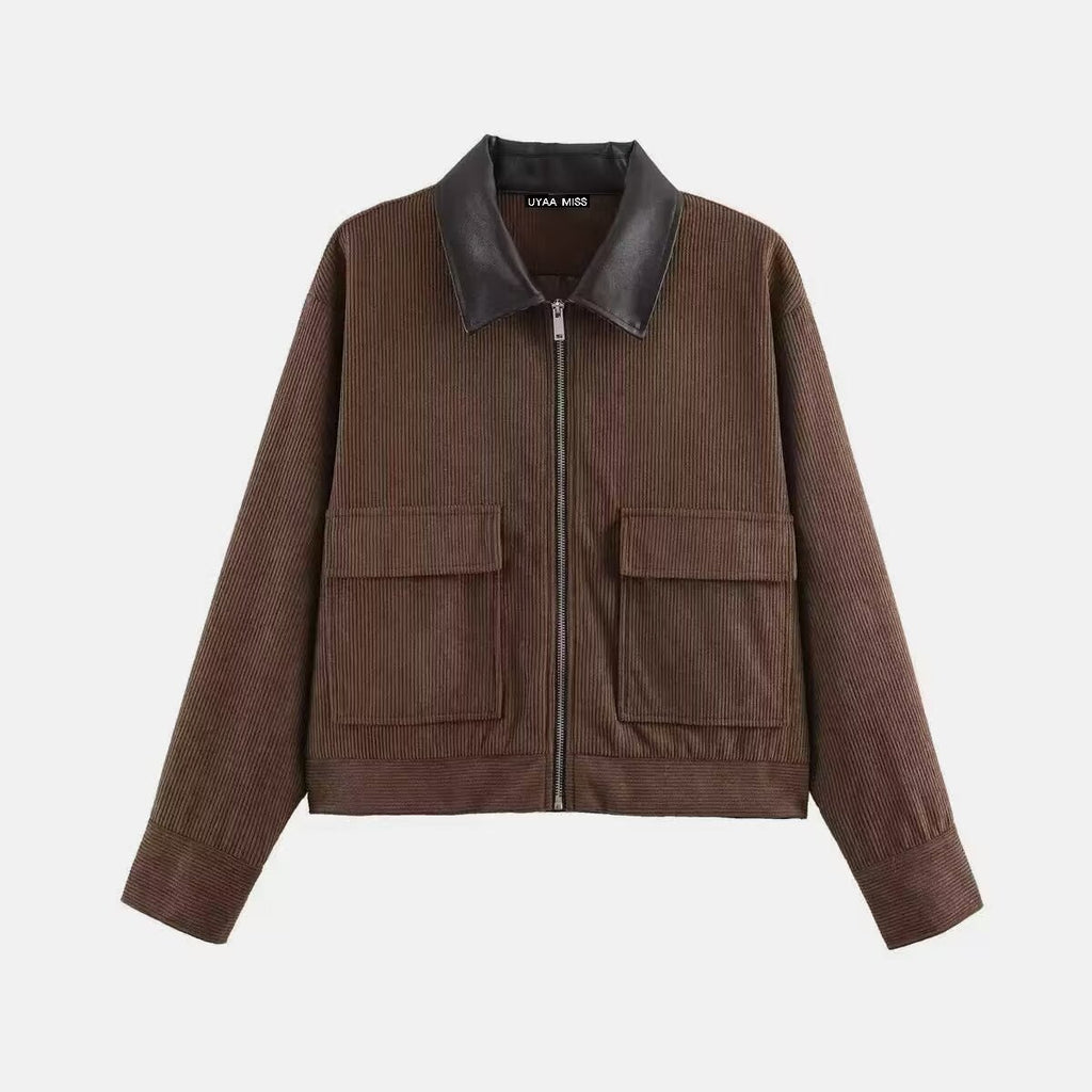 Women's short cord jacket with leather collar and flap pockets Fashion Glam