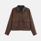 Women's cord jacket with contrast collar, zipper, and patch pockets Fashion Glam