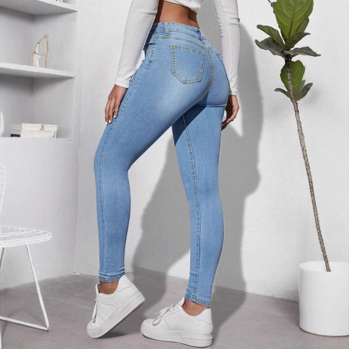 Ladies High-Waist Skinny Jeans with decorative pearl cluster and sculpting cut Fashion Glam