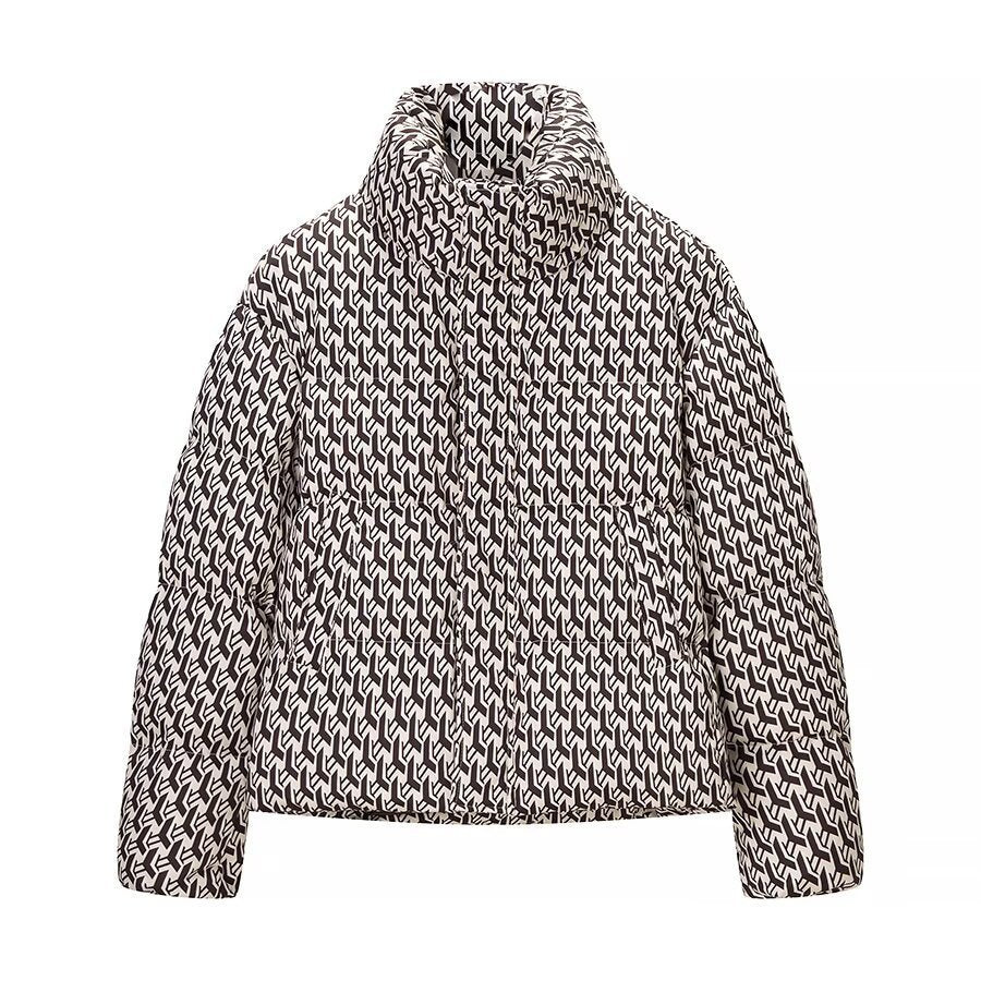 Women's Oversize Quilted Winter Jacket with High Stand-up Collar and Geometric All-over Pattern Fashion Glam