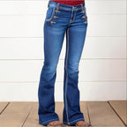 Women's High-Waisted Flared Jeans with Decorative Metal Buttons and Contrast Stitching Fashion Glam