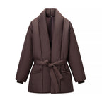 Women's Short Quilted Tailored Quilted Jacket with Shawl Collar and Tie Belt Fashion Glam