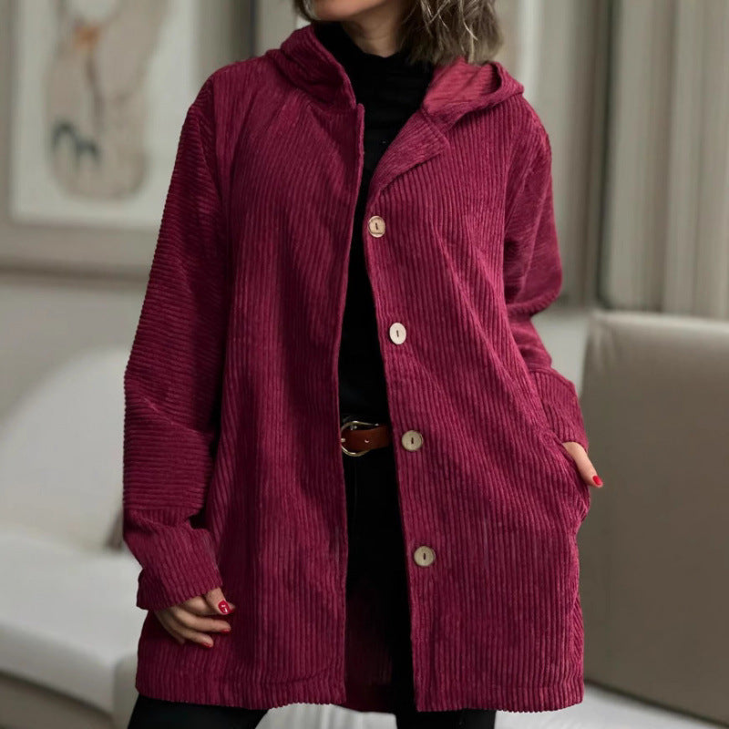 Women's Long Hooded Knitted Cardigan with Ribbed Texture, Button Placket and Side Pockets Fashion Glam