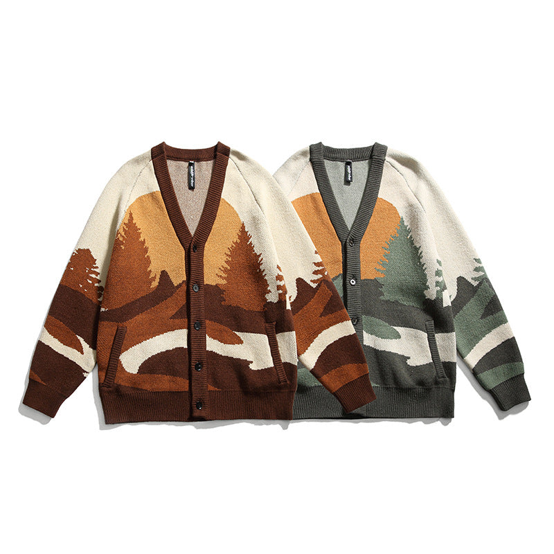 Unisex Chunky Knit V-Neck Cardigan with Landscape Jacquard Pattern and Patch Pockets Fashion Glam