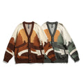Unisex Chunky Knit V-Neck Cardigan with Landscape Jacquard Pattern and Patch Pockets Fashion Glam
