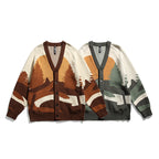 Unisex Chunky Knit V-Neck Cardigan with Landscape Jacquard Pattern and Patch Pockets Fashion Glam