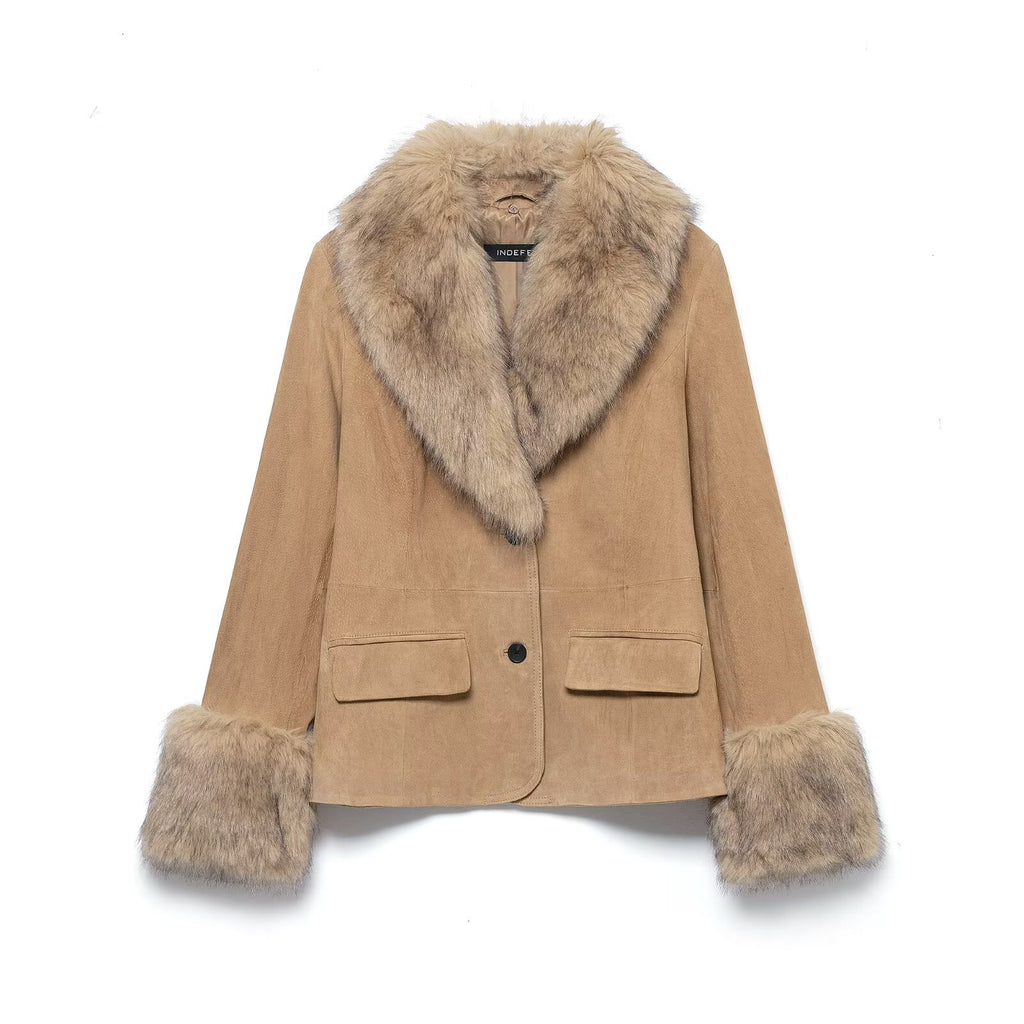 Women's short suede jacket with voluminous fur collar and wide fur cuffs Fashion Glam