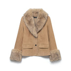 Women's short suede jacket with voluminous fur collar and wide fur cuffs Fashion Glam