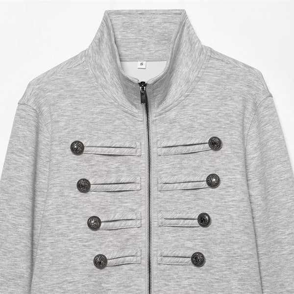 Women's Cropped Sweat Jacket in Military Look with Stand-up Collar and Decorative Button Placket Fashion Glam