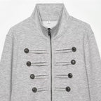 Women's Cropped Sweat Jacket in Military Look with Stand-up Collar and Decorative Button Placket Fashion Glam
