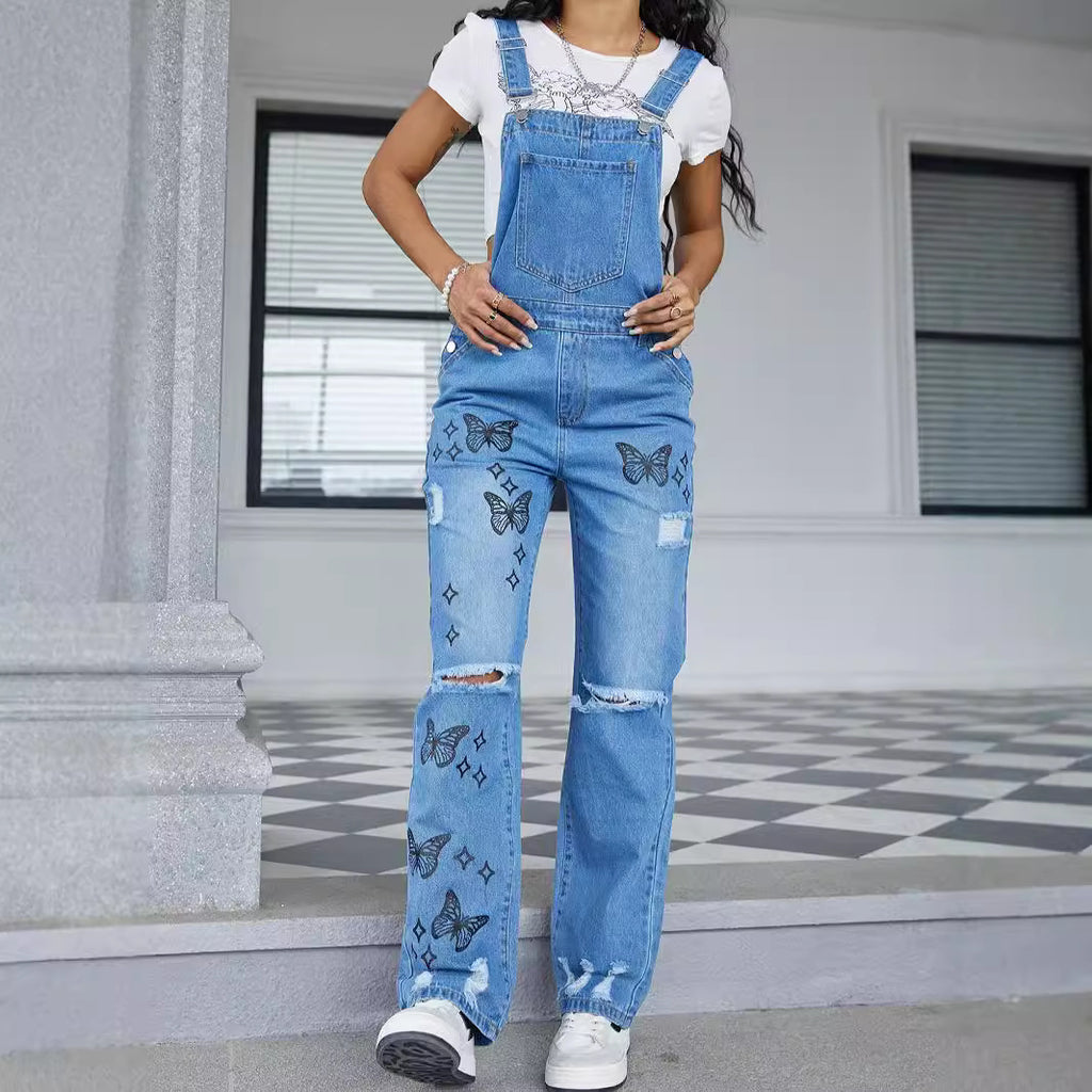 Women Casual Denim Overalls with Butterfly Print, distressed Knee & Wide Leg Fashion Glam