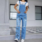 Women Casual Denim Overalls with Butterfly Print, distressed Knee & Wide Leg Fashion Glam