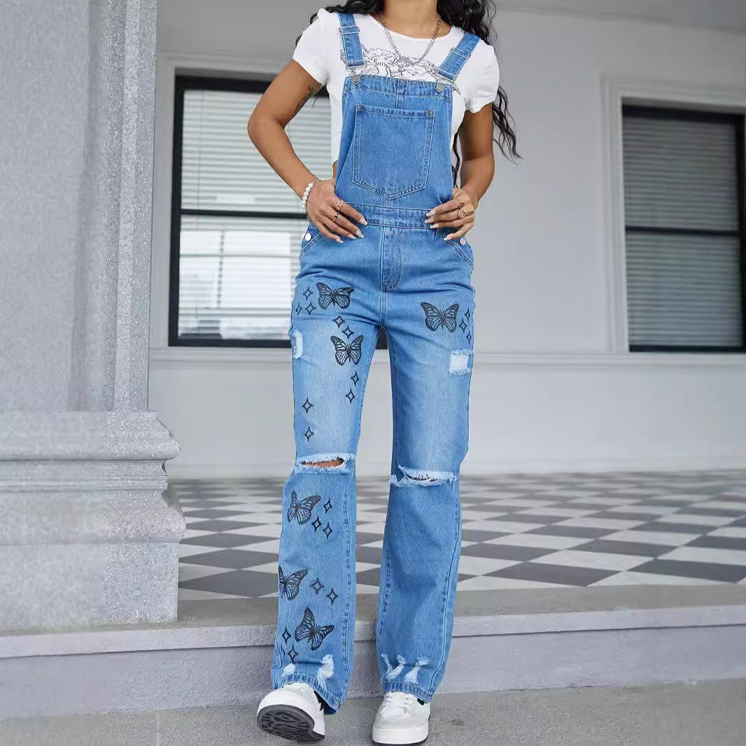 Women Casual Denim Overalls with Butterfly Print, distressed Knee & Wide Leg Fashion Glam