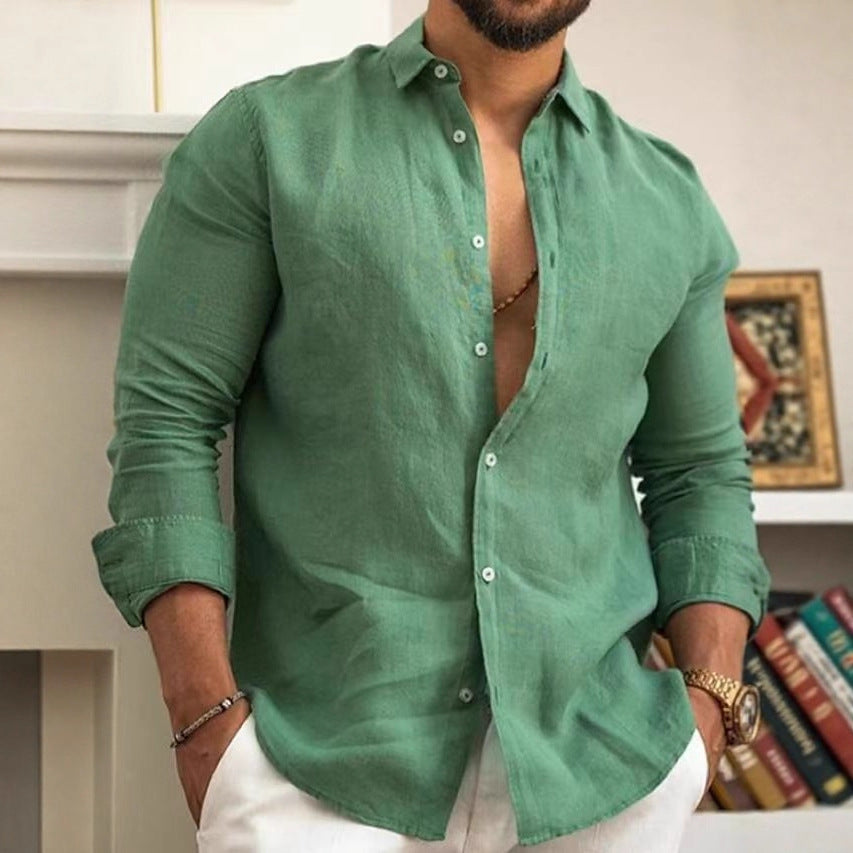 Men's Loose Linen Shirt with Round Hem and Breathable Texture Fashion Glam