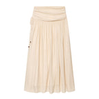 Women Maxi Skirt with High Waist, Side Decorative Cord and Wide Pleated Fall Fashion Glam