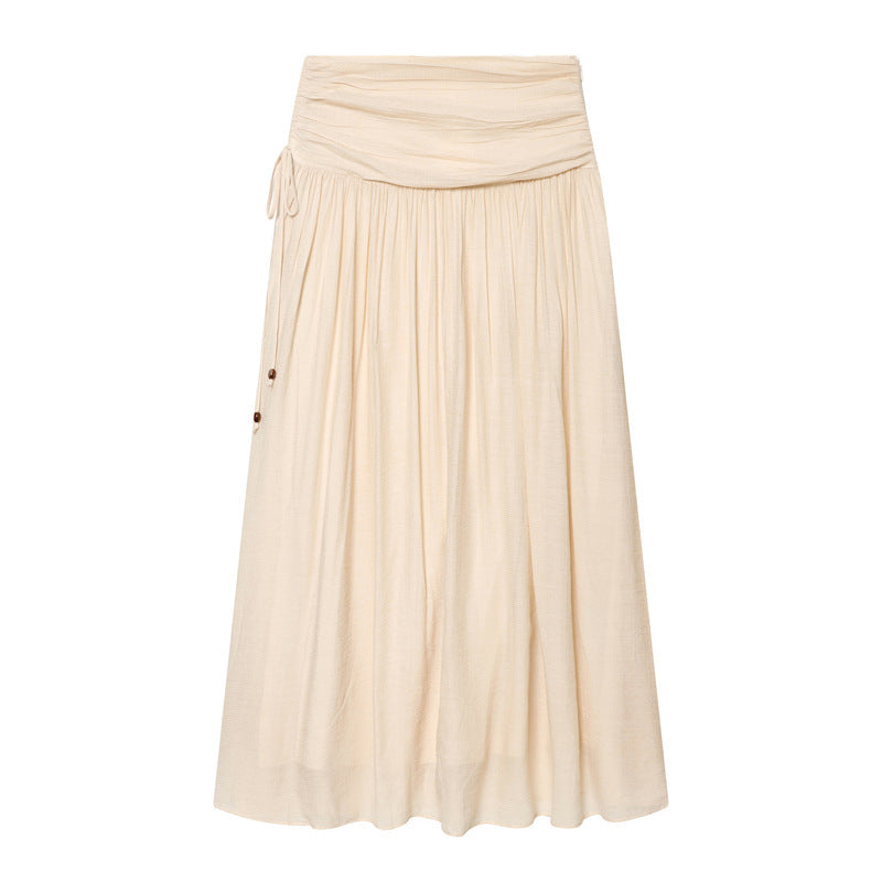 Women Maxi Skirt with High Waist, Side Decorative Cord and Wide Pleated Fall Fashion Glam