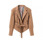 Women's Tailored Suede Wrap Blazer with Padded Shoulders and Tie Belt Fashion Glam