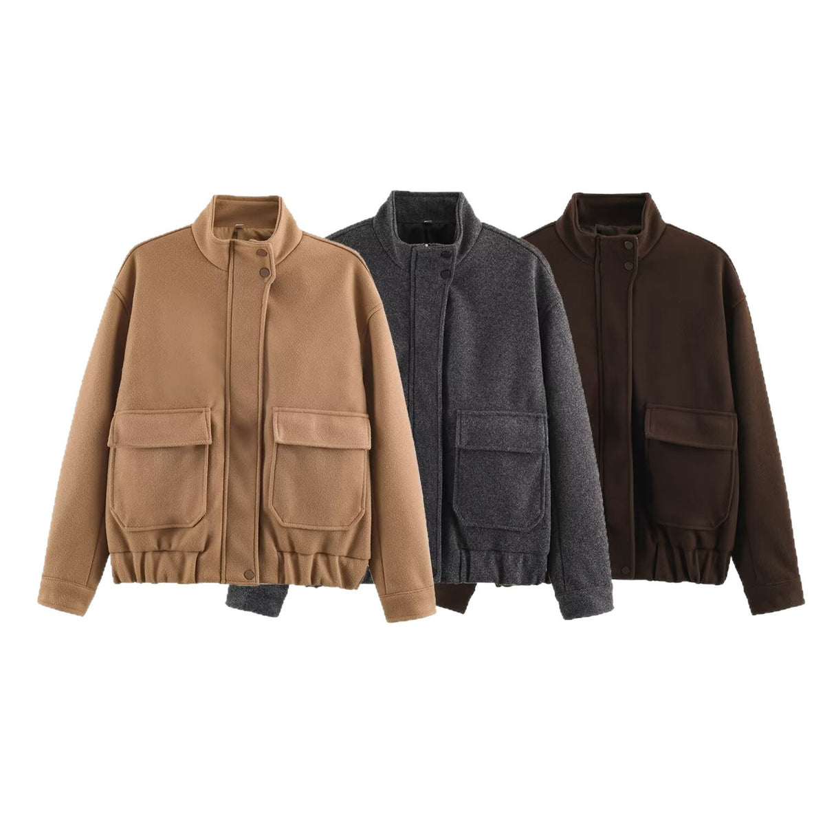 Ladies Boxy Wool Blend Blouson Jacket with Stand-Up Collar, Large Flap Pockets and Elastic Hem Fashion Glam