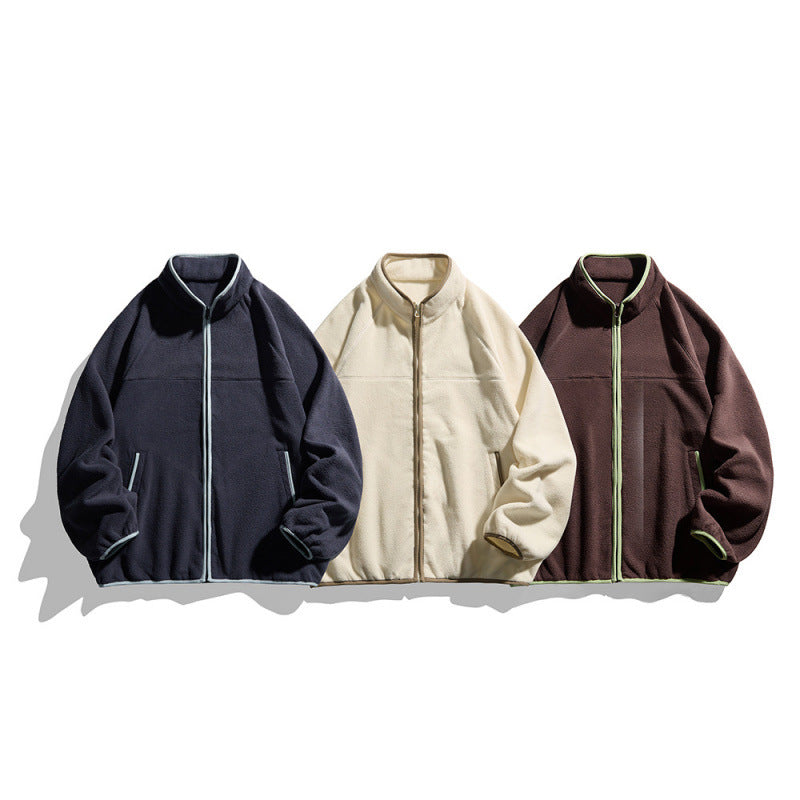 Unisex fleece jacket with full zip in oversized boxy cut, stand-up collar and contrast piping Fashion Glam