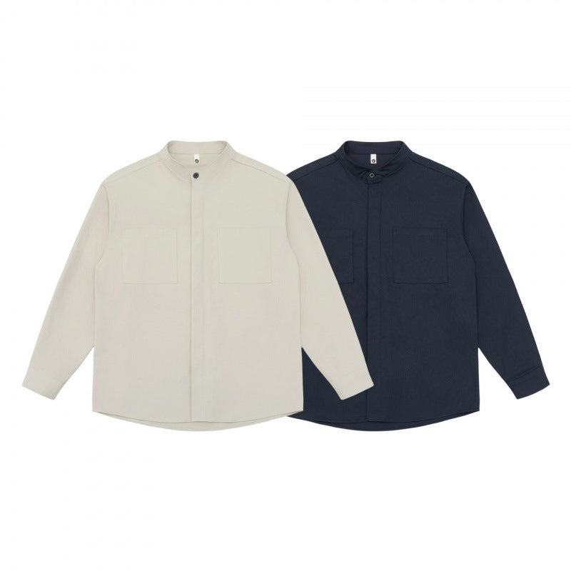 Unisex Oversized Shirt Jacket with Stand-up Collar, Concealed Button Placket and Patch Chest Pockets Fashion Glam