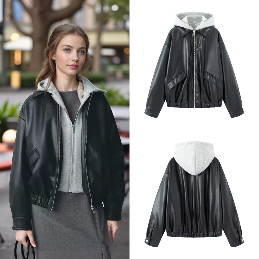 Women Oversize Faux Leather Blouson with Hood Insert and Flap Pockets Fashion Glam