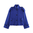 Women's Short Cargo Jacket with Stand Collar, Shoulder Flaps and Button Placket Fashion Glam