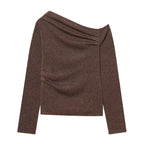 Women Off-Shoulder Fine Knit Long Sleeve with Draped Waterfall Collar Fashion Glam