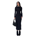 Ladies fitted maxi dress with high collar and side gathering Fashion Glam