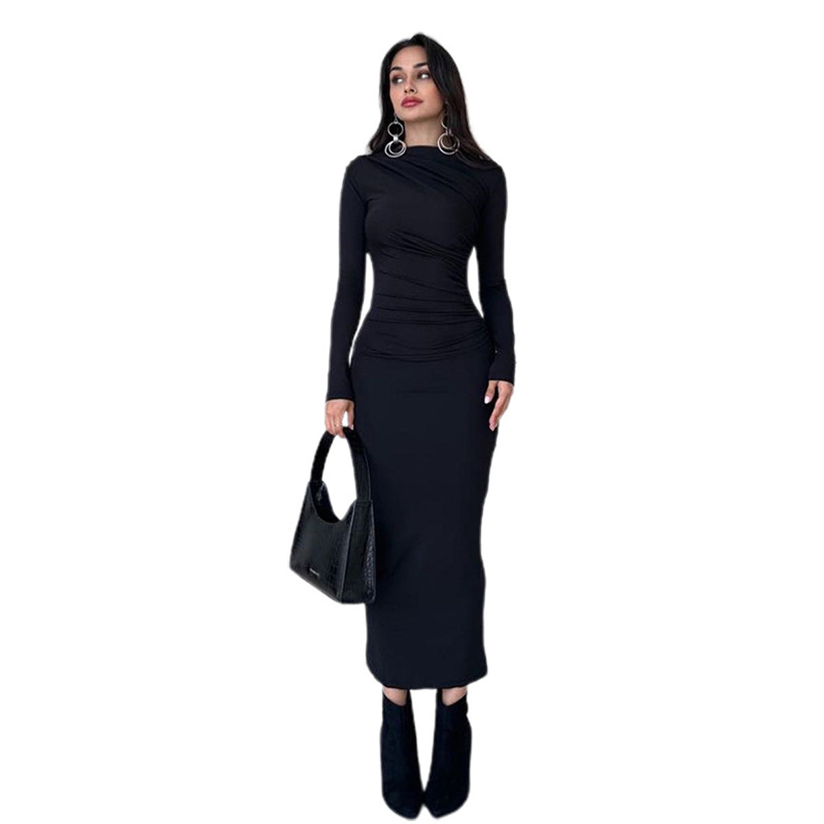 Ladies fitted maxi dress with high collar and side gathering Fashion Glam