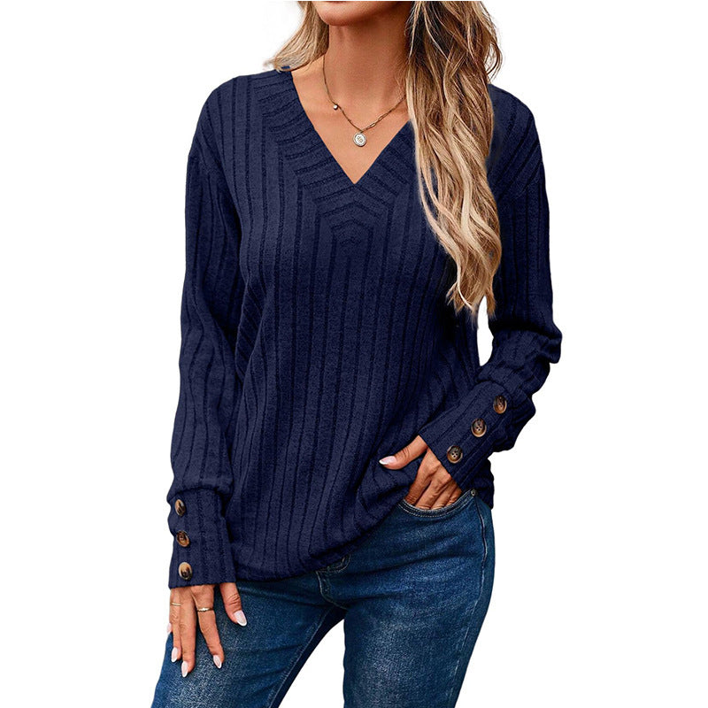 Women's Ribbed V-Neck Knit Sweater with Button Cuffs Fashion Glam