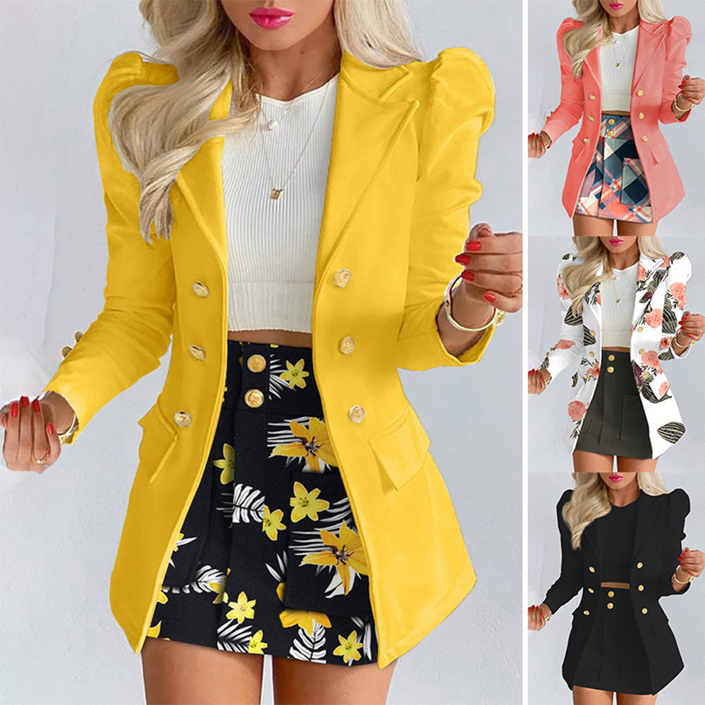 Women's Tailored Double-Breasted Blazer with Puff Sleeves and Gold Decorative Buttons Fashion Glam